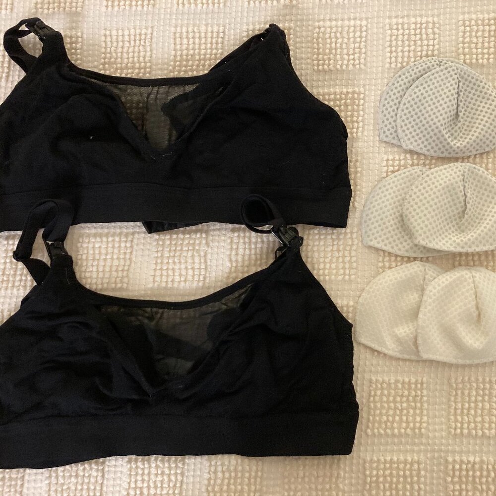 Momcozy mesh panel pumping nursing bras and Bodily low profile reusable pads